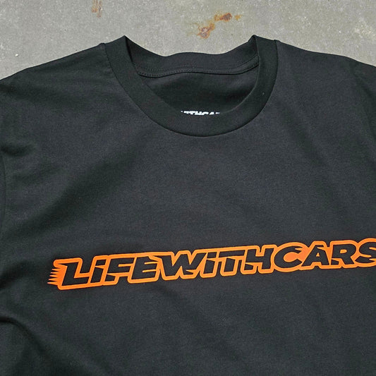Life With Cars Street Wear T-shirt in Black & Sundail Orange close up front