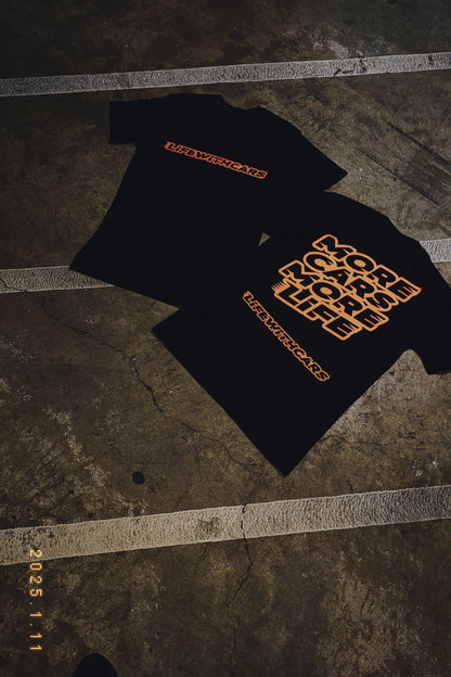 Life With Cars Street Wear T-shirt in Black & Sundail Orange front and rear