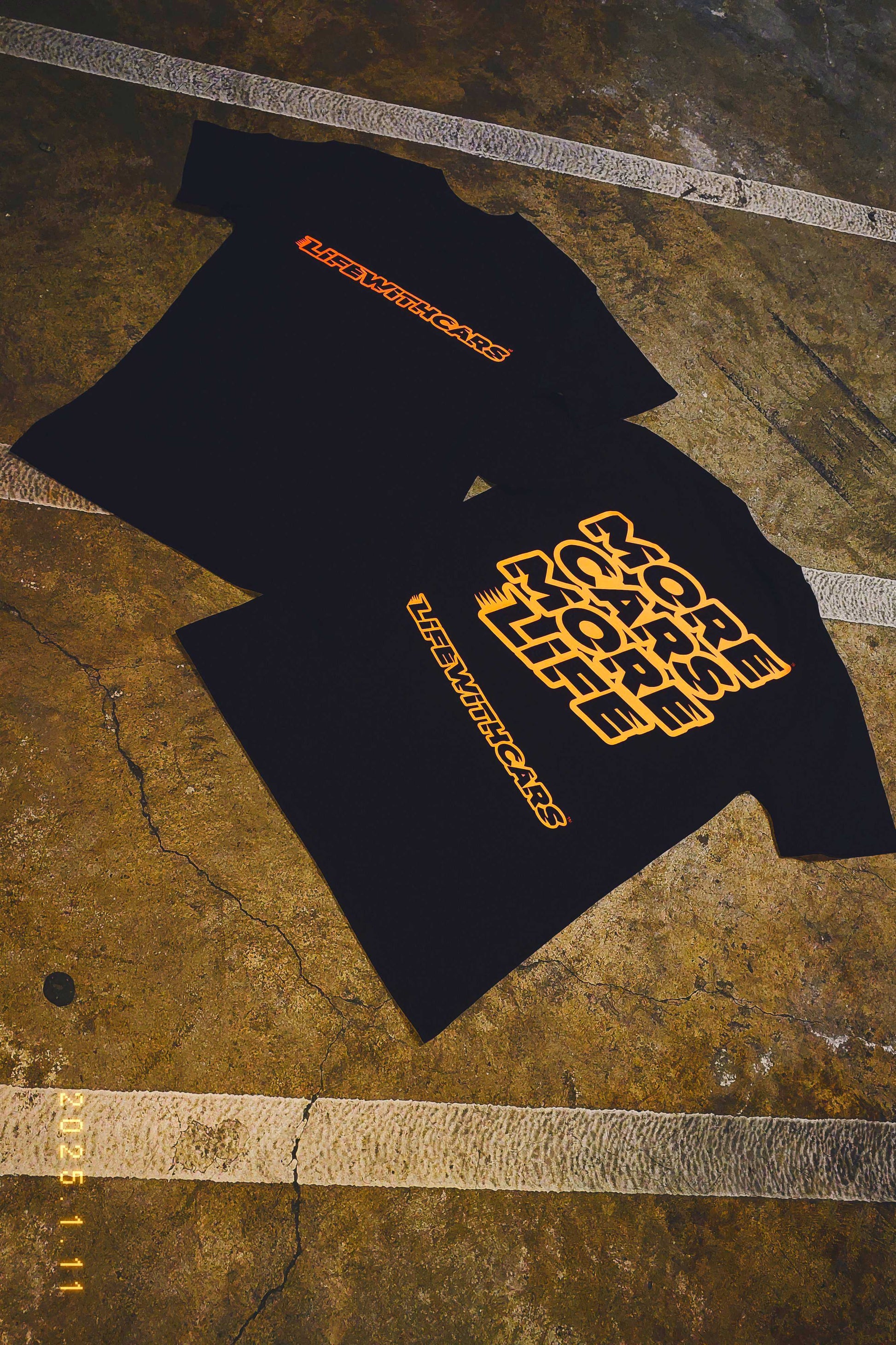 Life With Cars Street Wear T-shirt in Black & Sundail Orange front & back