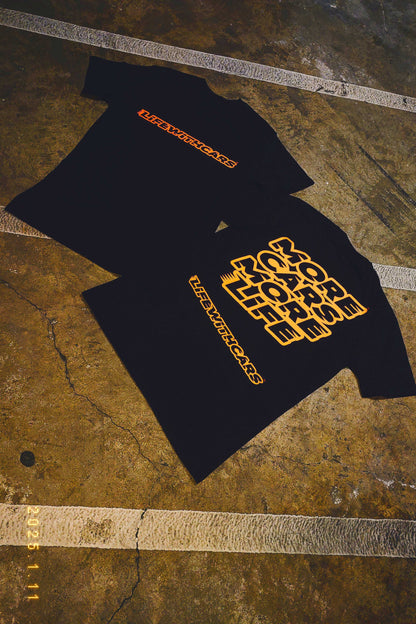 Life With Cars Street Wear T-shirt in Black & Sundail Orange front & back
