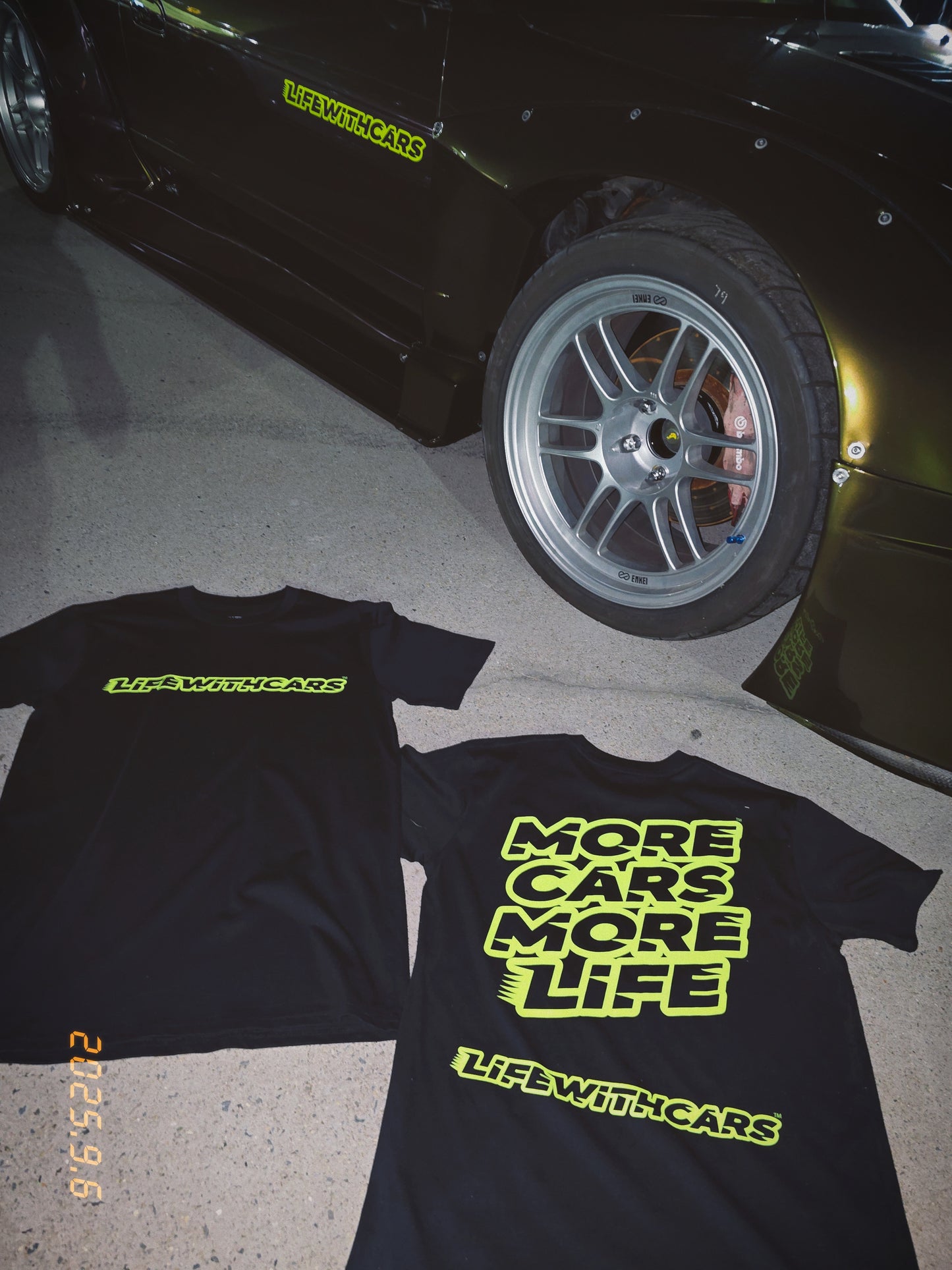Life With Cars Street Wear T-shirt in Black & Volt Yellow front & back with Nissan silvia s13 rocket bunny