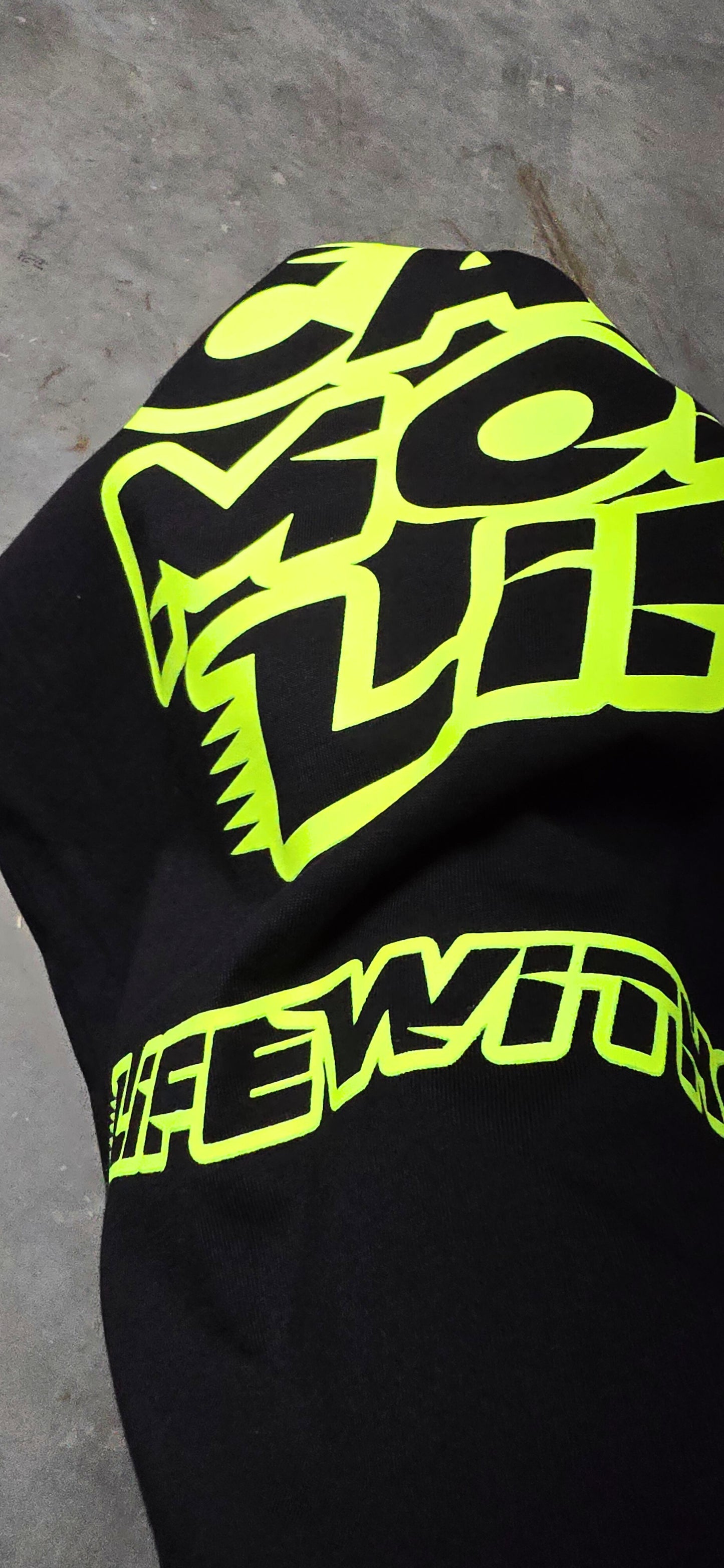 Life With Cars Street Wear T-shirt in Black & Volt Yellow close up rear