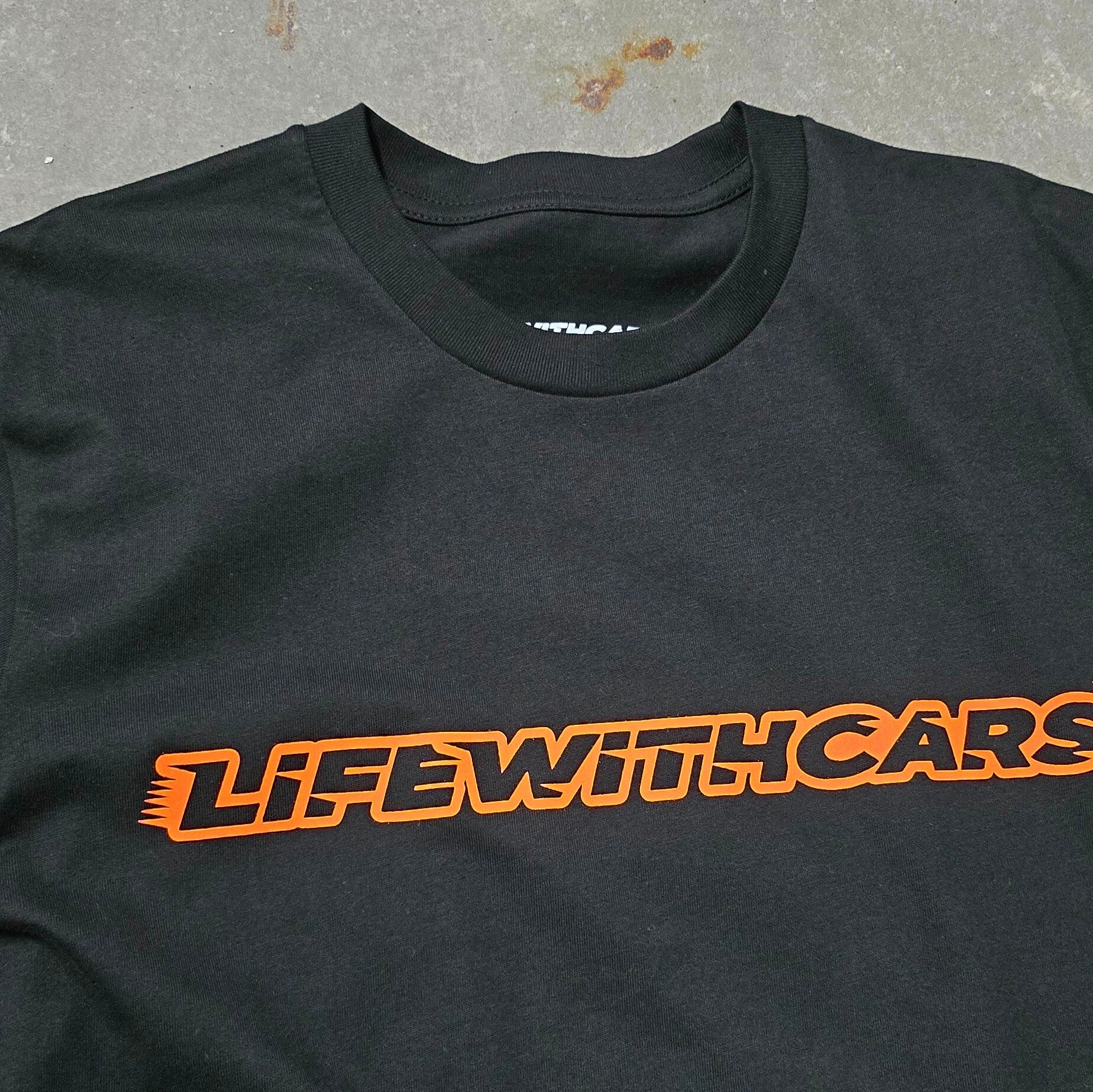 Life With Cars Street Wear T-shirt in Black & Sundail Orange close up front